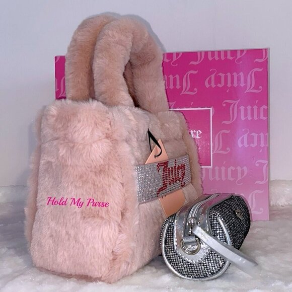 Juicy Couture Bag Faux Fur Plush Purse Pink Mini Tote Bag & Coin Purse Gift Set - Picture 7 of 10
